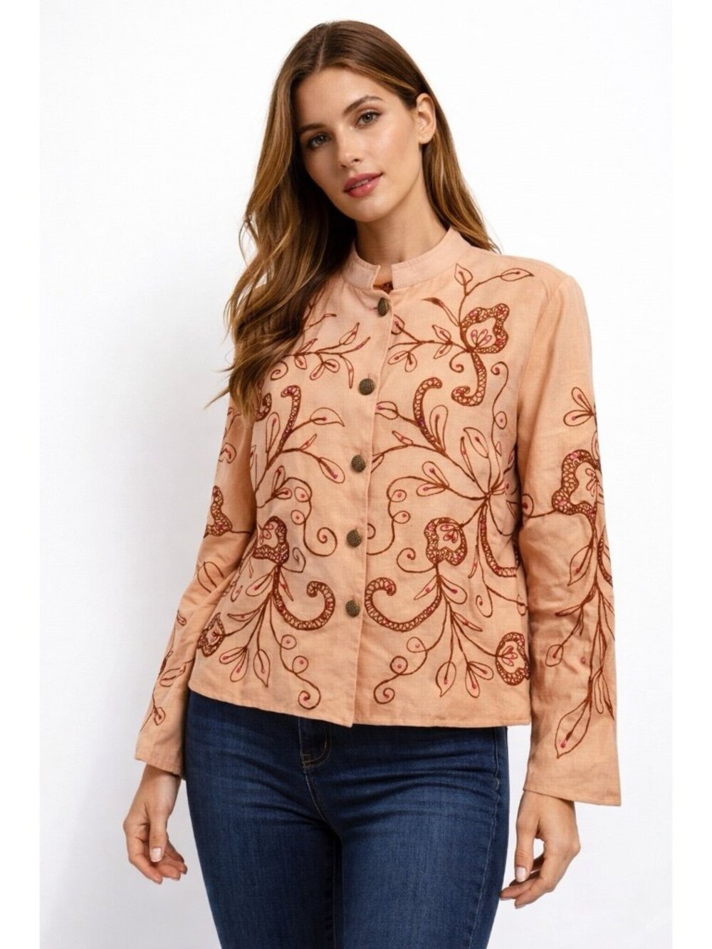 EMBROIDERED BEADED jacket blazer cotton orange floral plus 2X business office